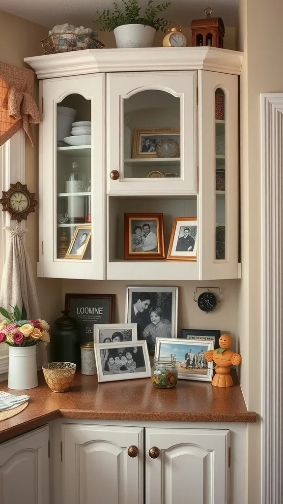 A cozy kitchen corner cabinet showcasing family photos and decorative items.