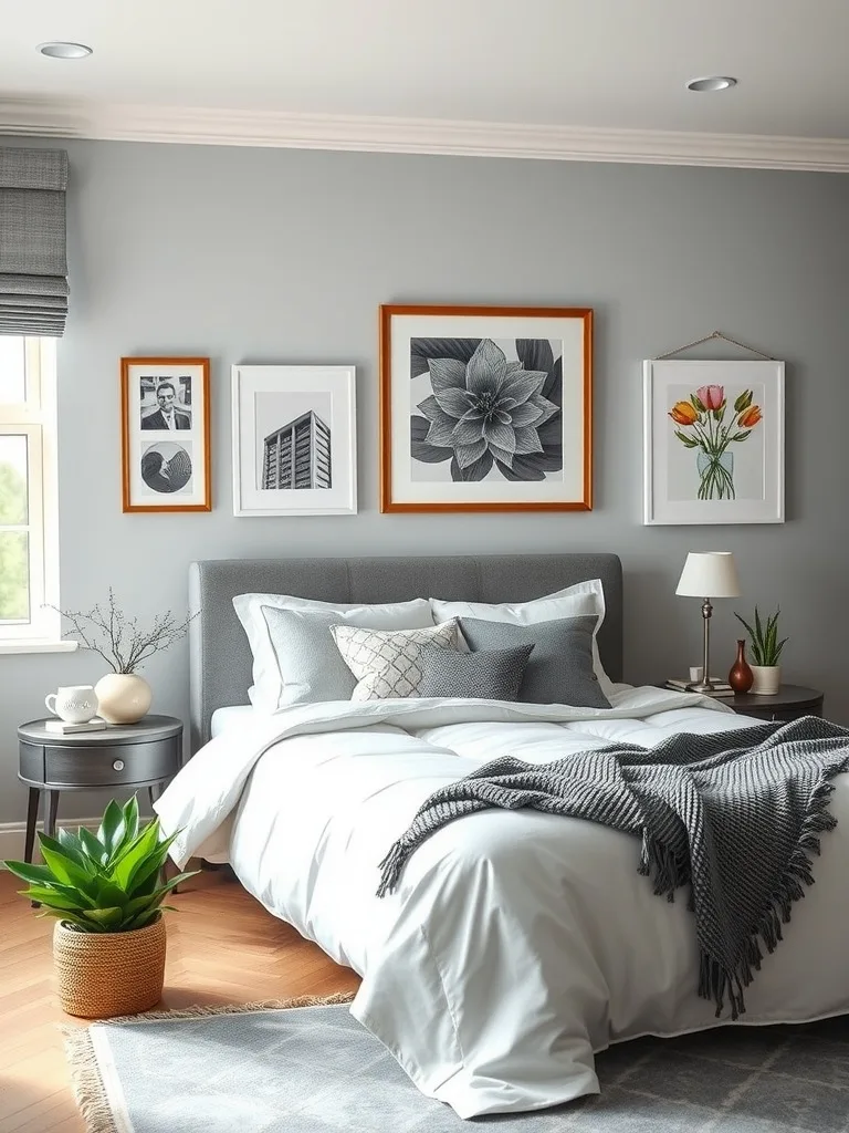 A cozy gray bedroom featuring framed art, plants, and textured bedding.