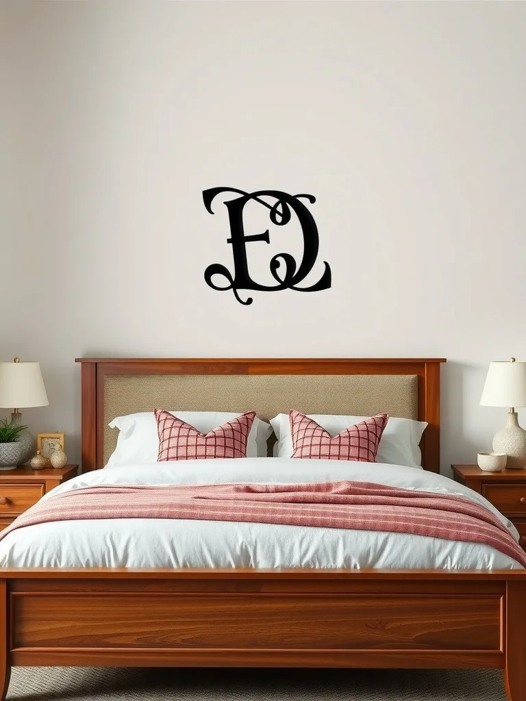 Personalized initials artwork above a bed.