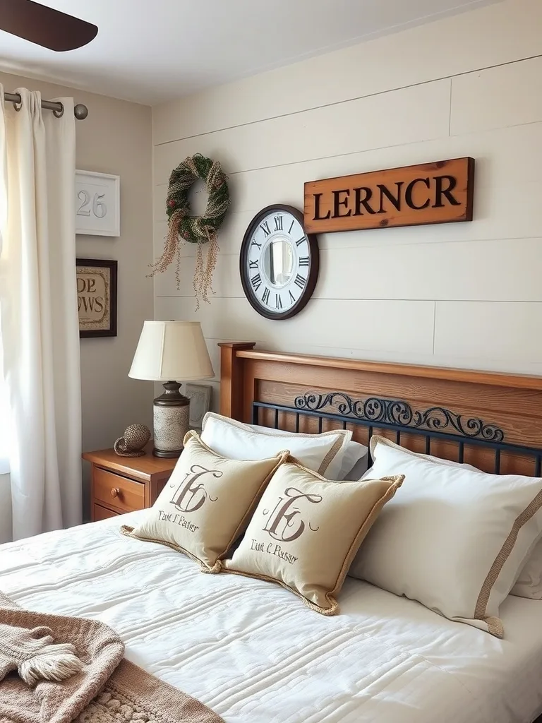 Cozy rustic bedroom featuring personalized pillows, wooden decor, and neutral colors.