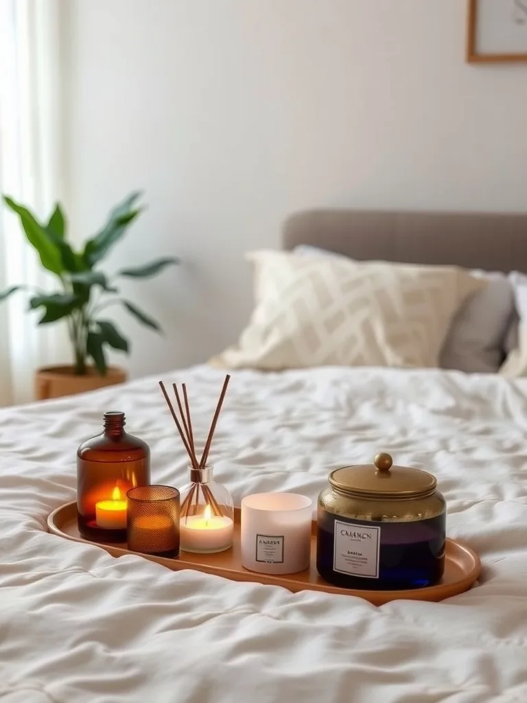 A tray with various scented candles and a diffuser on a bed, creating a cozy atmosphere.