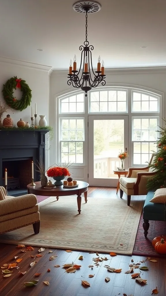 A cozy colonial living room decorated for autumn with pumpkins, flowers, and a wreath.