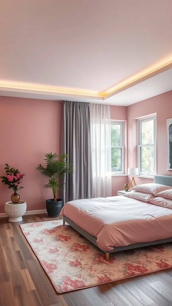 A cozy pink and gray bedroom with soft furnishings and plants.