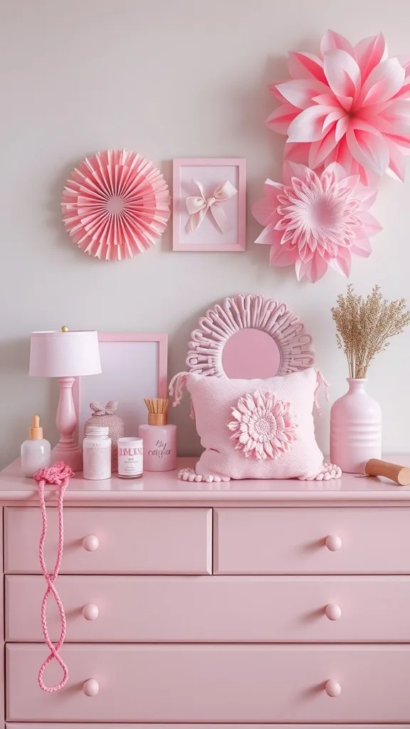 A beautifully arranged pink bedroom with themed accessories including pillows, wall decor, and lamps.