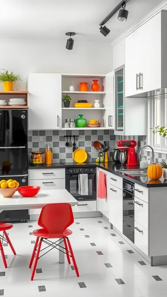 Colorful kitchen with red chairs, bright dishes, and modern black and white design.