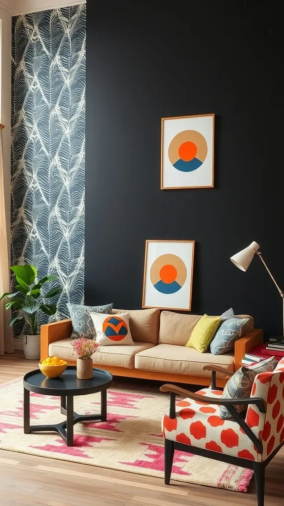 Living room with a black accent wall featuring playful patterns and colorful decor.