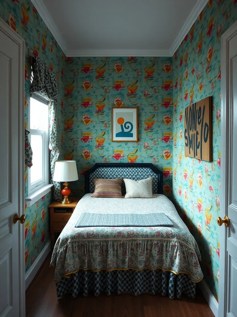 Narrow bedroom with colorful playful wallpaper and patterned bedding