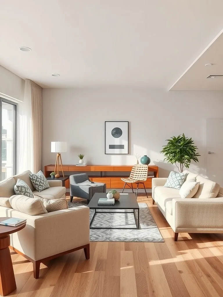 A modern neutral living room with two sofas, a coffee table, and a small chair, featuring natural light and a plant.