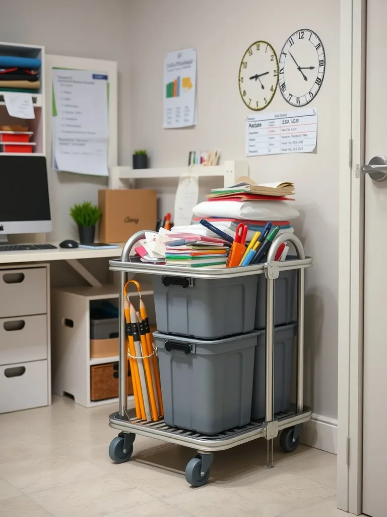 A portable storage cart filled with colorful papers and two gray storage bins, placed in an office setting.