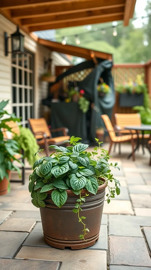 A lush potted herb garden on a charming outdoor patio.