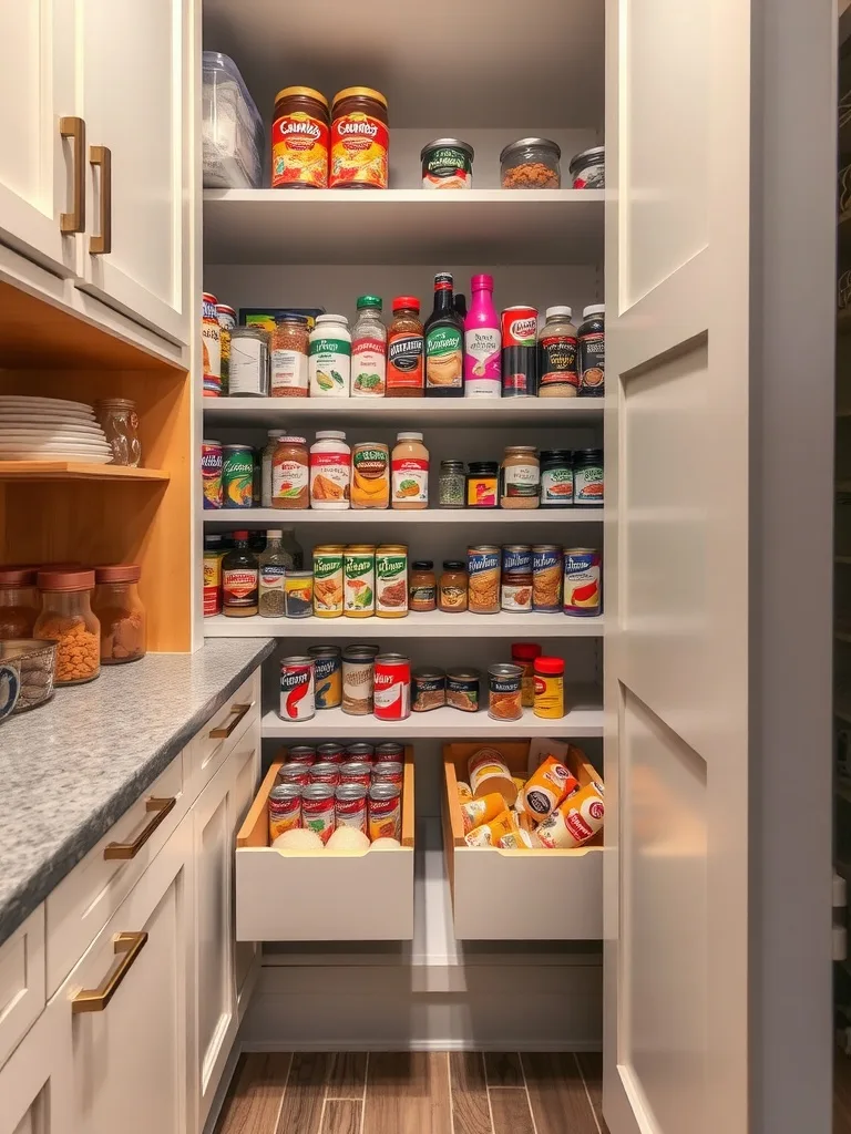 Organized pull-out pantry drawers filled with jars and cans