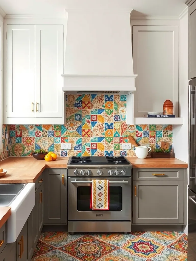 A colorful and quirky tile backsplash in a kitchen featuring various patterns and colors.