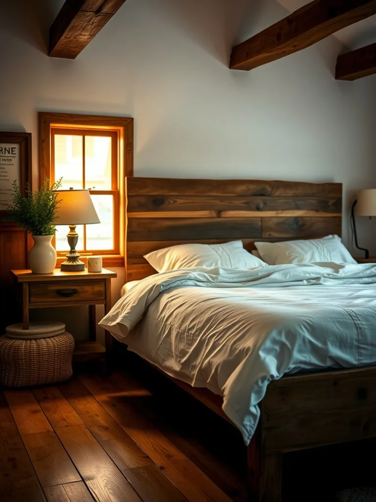 A cozy rustic bedroom with a reclaimed wood bed frame and soft white bedding, natural light illuminating the space.