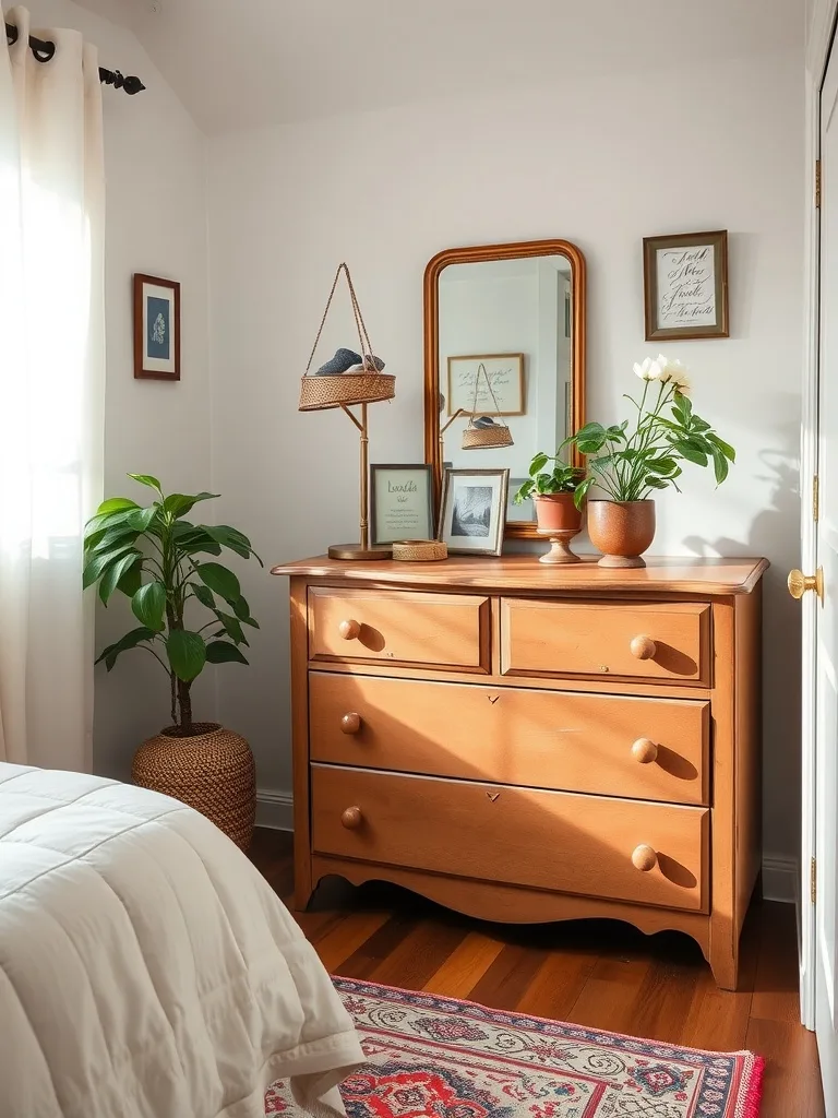 A warm wooden dresser with decorations, plants, and a mirror reflecting light in a cozy room.