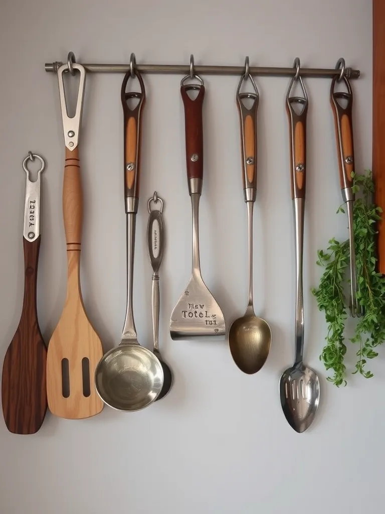 An assortment of vintage kitchen utensils hanging on a wall-mounted rack.