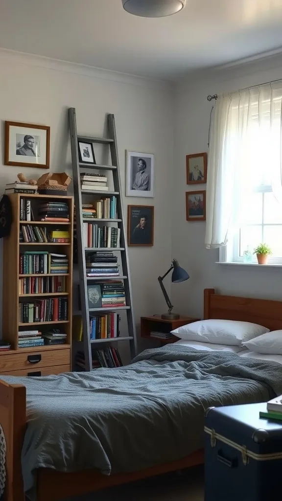 A cozy small bedroom featuring a ladder used as a bookshelf, showcasing a creative use of space.