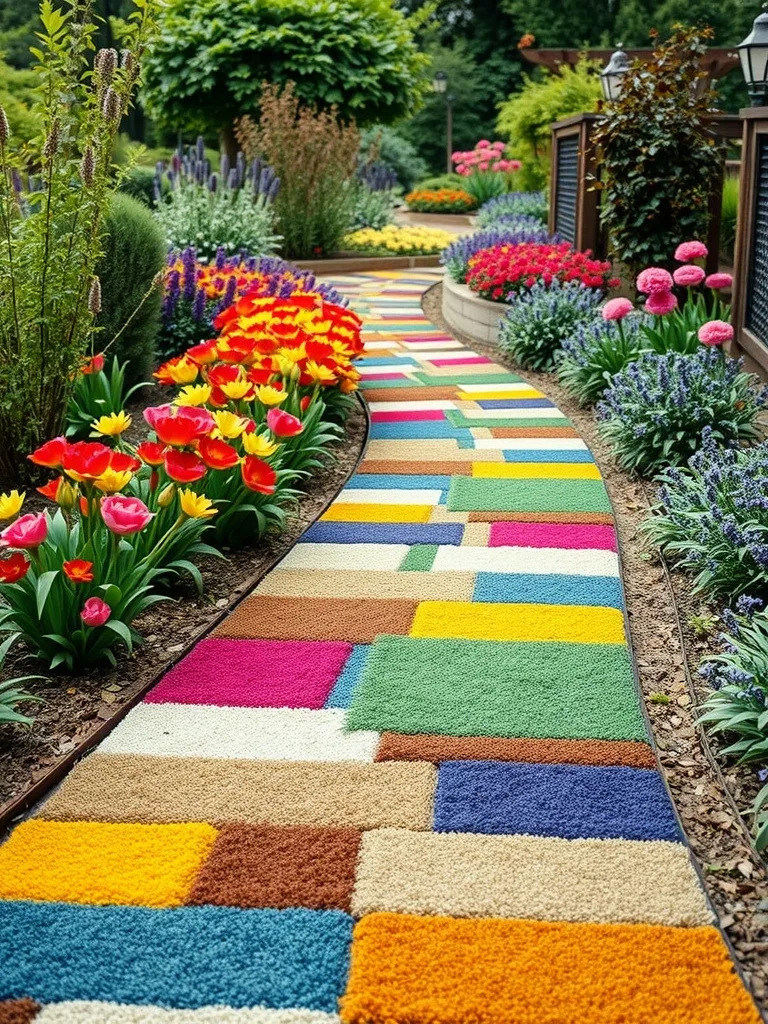 A vibrant reused carpet walkway surrounded by colorful flowers in a garden.