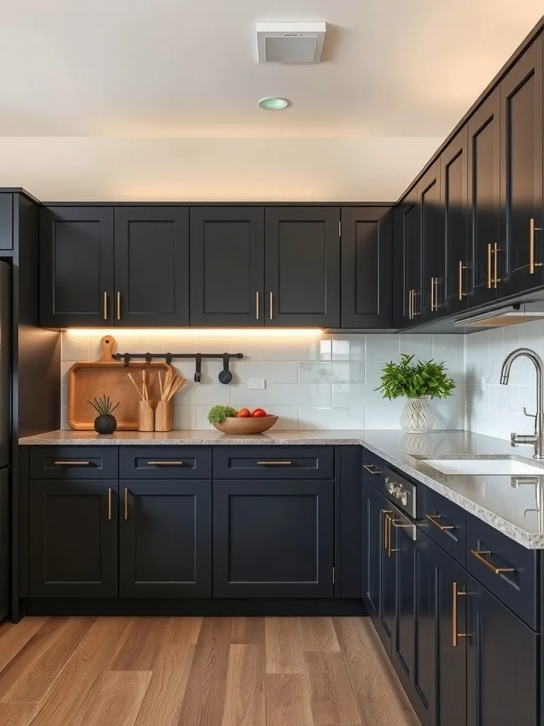 A modern kitchen featuring rich charcoal cabinets and light countertops