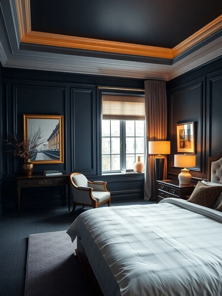 Elegant bedroom painted in rich navy blue with warm accents