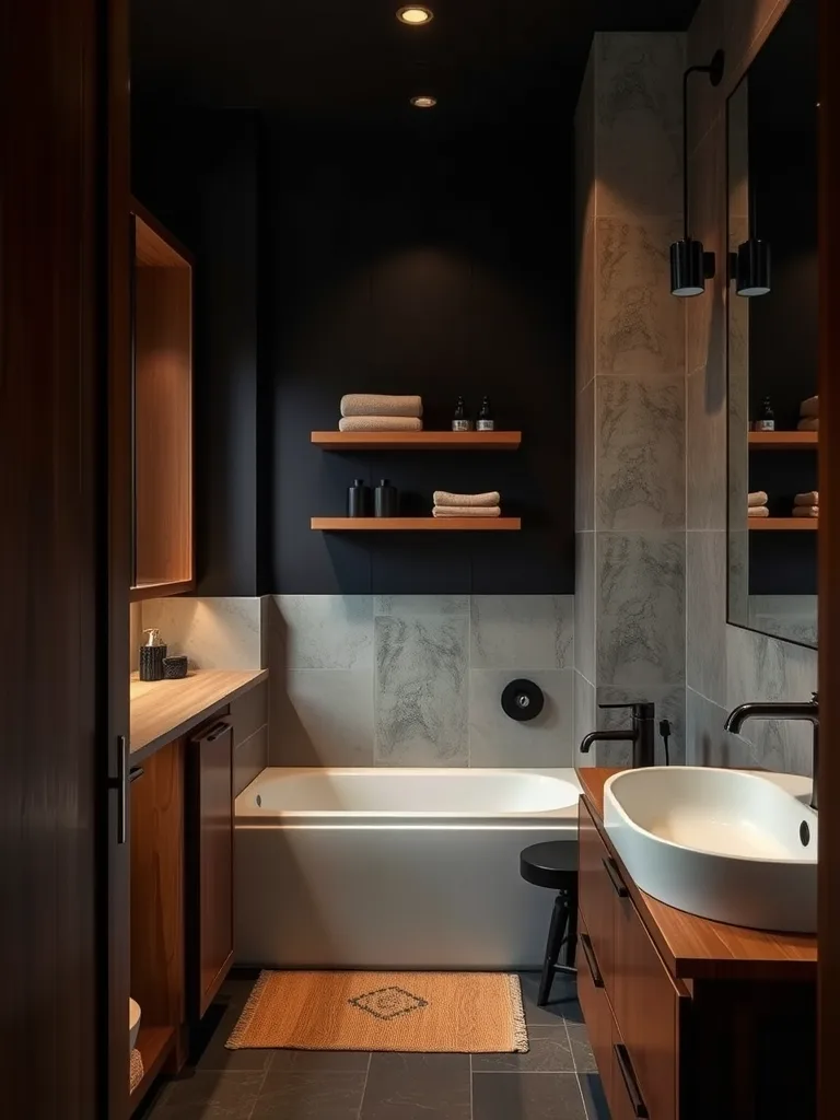 A dark and moody bathroom with rich wood accents, featuring wooden cabinets and a stylish ceiling.