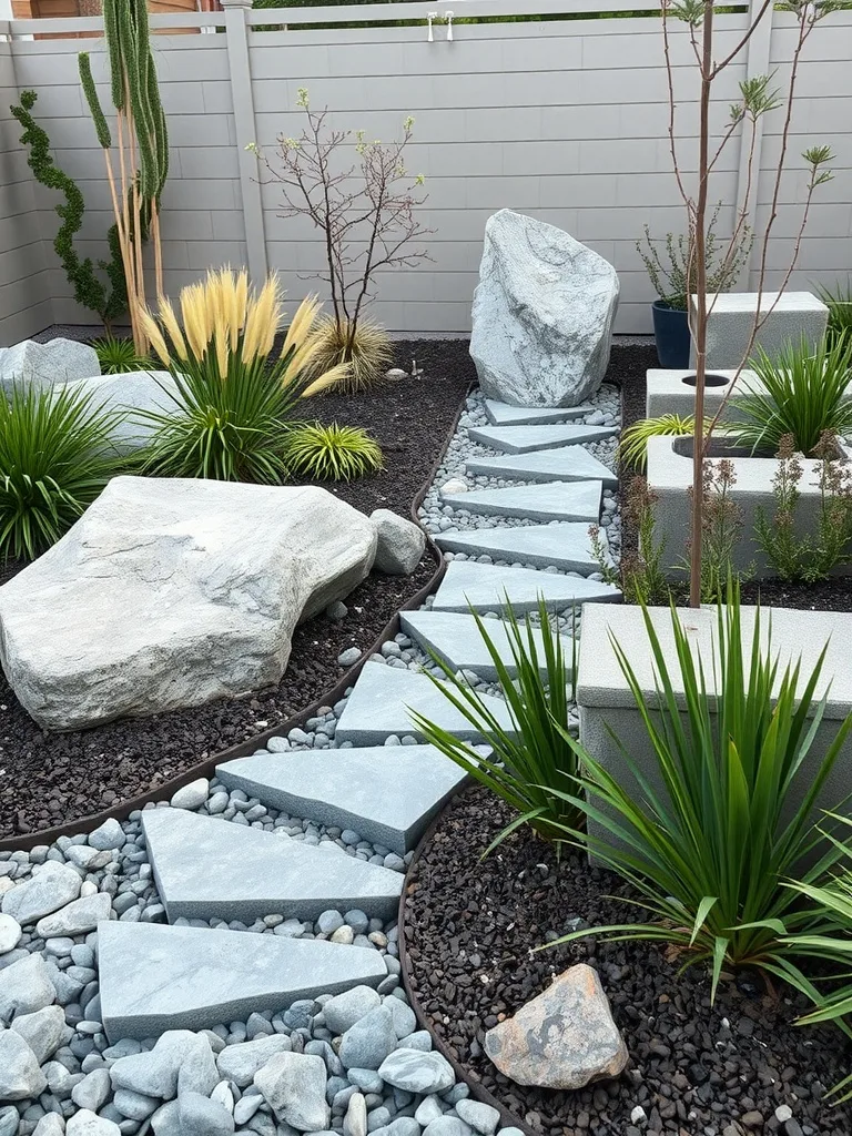 A modern garden featuring river rocks, stepping stones, and various plants.