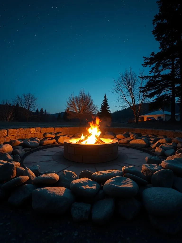 A cozy fire pit surrounded by river rocks under a starry night sky.