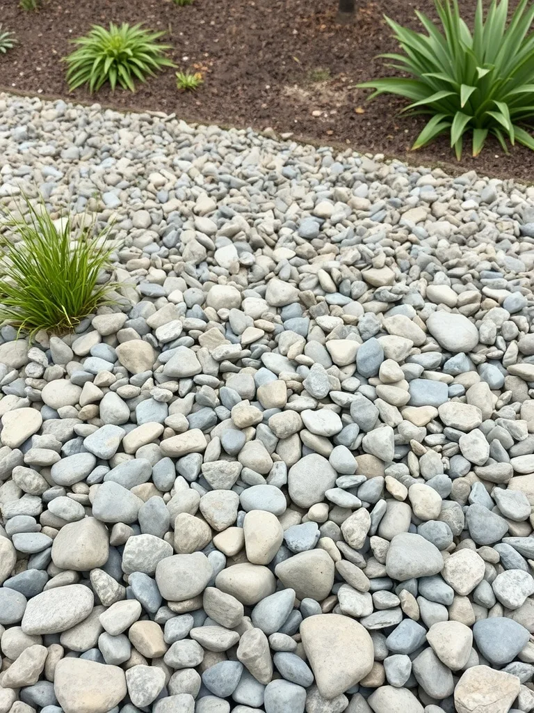 A landscape of smooth river rocks among plants.