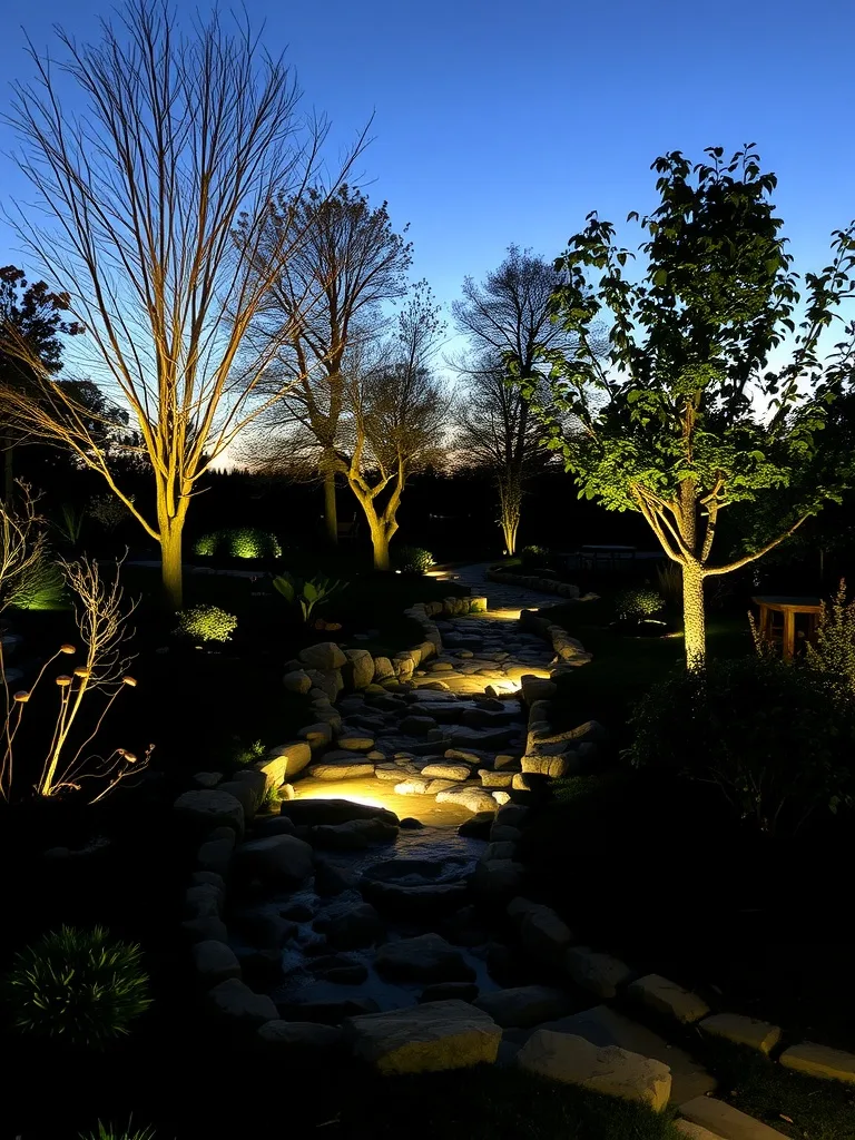 A beautifully lit river rock path surrounded by trees at dusk.