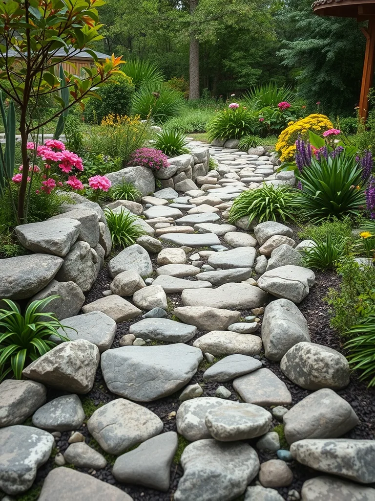 Pathway made of river rocks leading through a vibrant garden