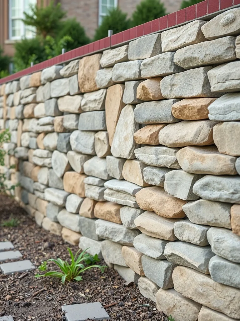 A stone retaining wall made of various river rocks, showing a natural and organized design.