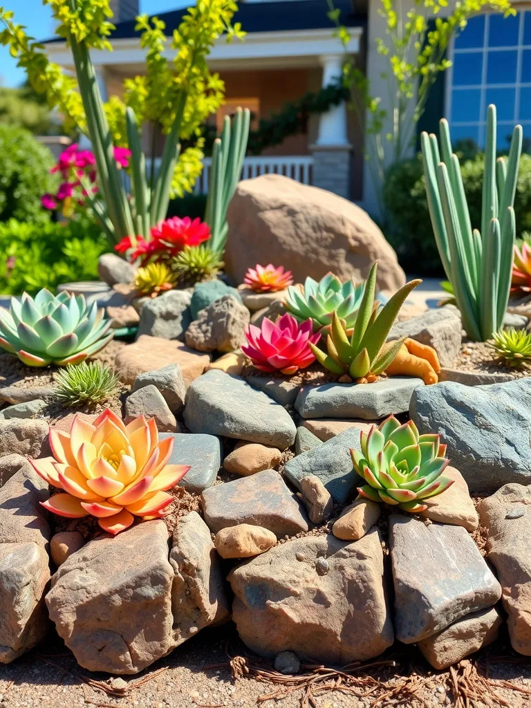 A vibrant rock garden featuring various succulents arranged among smooth stones.