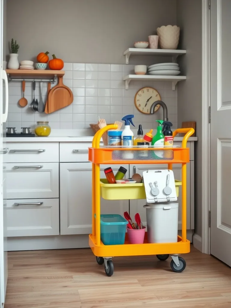 An orange rolling cart filled with kitchen supplies in a small kitchen setting.