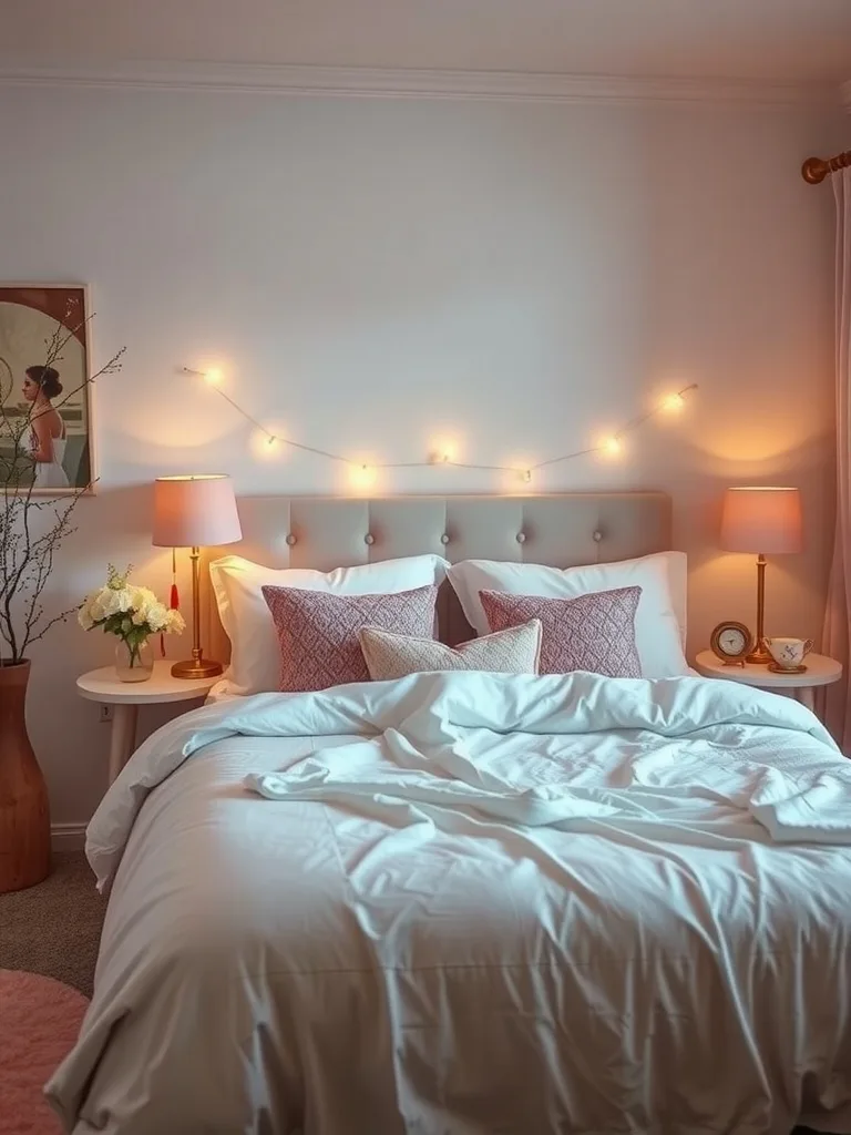 A cozy bedroom with soft color schemes and warm lighting.