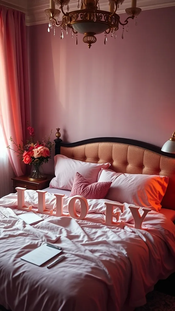 A romantic dusty rose bedroom featuring soft pink bedding, floral decorations, and warm lighting.