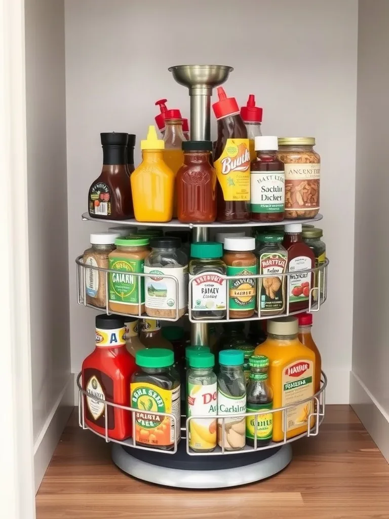 A rotating organizer filled with various sauces and condiments in a pantry