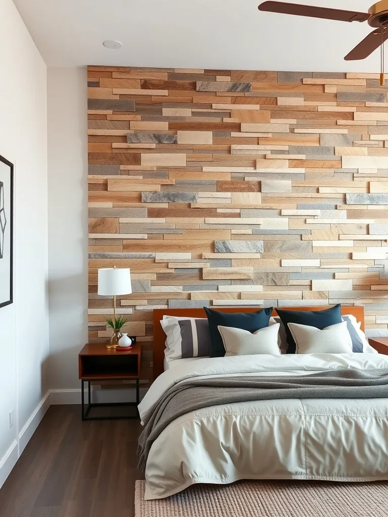 A rustic bedroom with a wooden accent wall featuring various shades and textures, complemented by neutral bedding and natural decor.