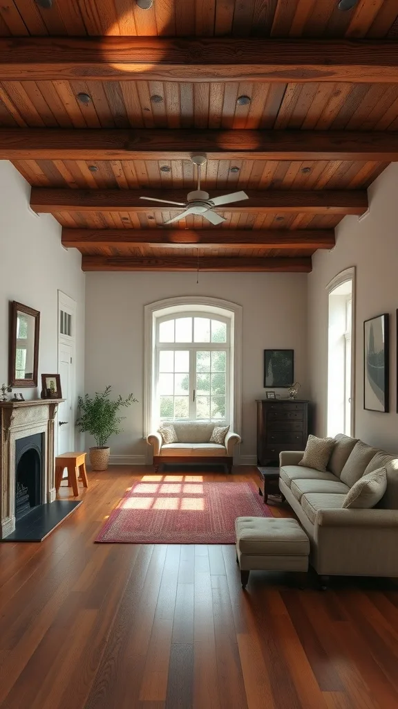 A colonial living room featuring rustic wooden beams and a cozy arrangement of furniture.