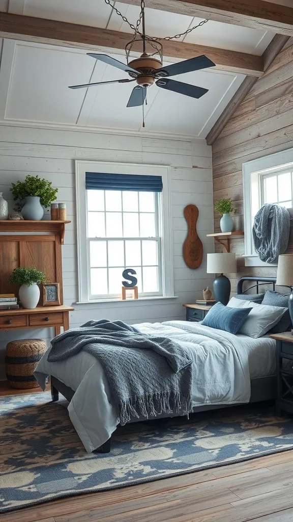 A rustic blue and gray bedroom featuring a bed, decorative items, and wooden accents.