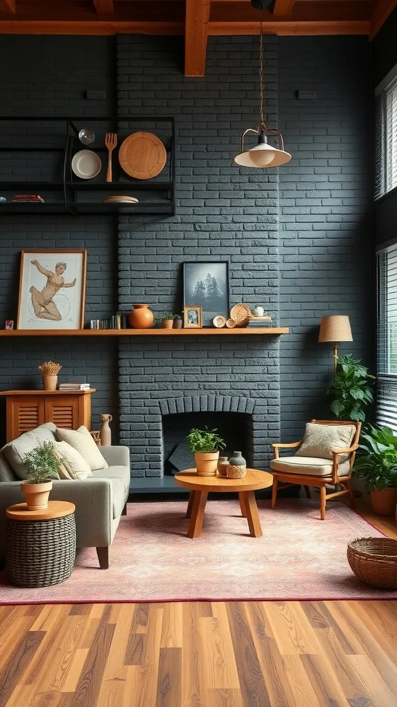 Living room with black brick accent wall, wooden furniture, and plants.