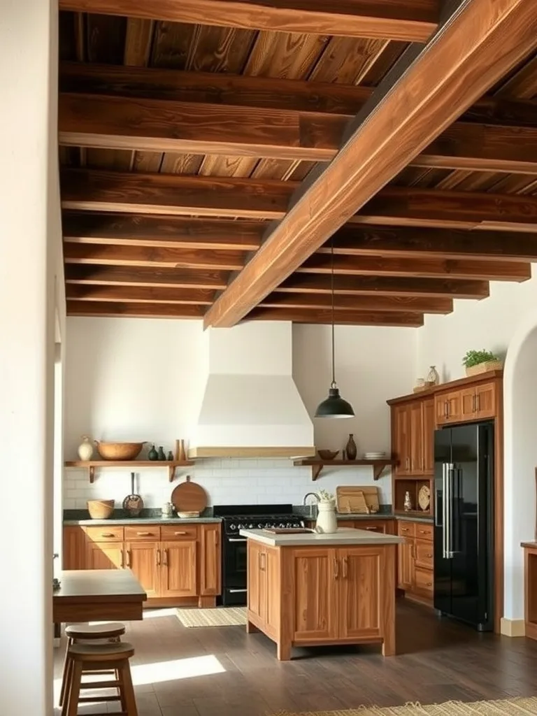 A kitchen featuring rustic dark wooden beams with warm cabinetry and a modern design.