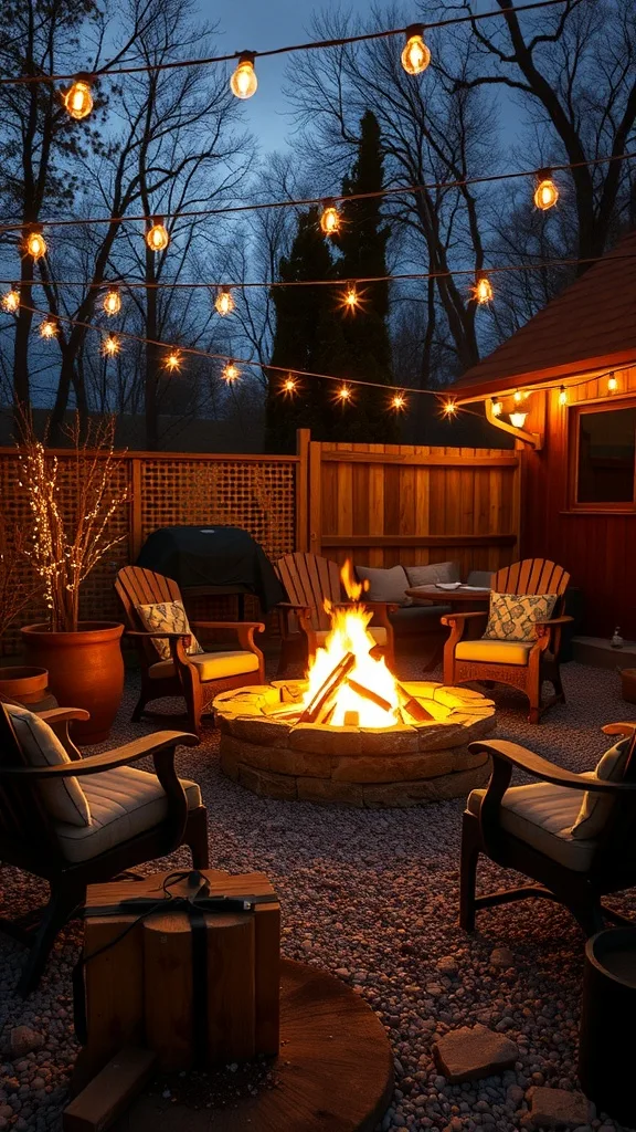 A cozy rustic fire pit area with chairs, string lights, and a warm fire.