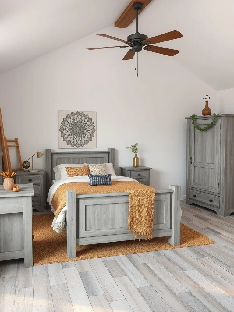 A rustic gray bedroom featuring a wooden bed, nightstands, and a wardrobe with warm accents.