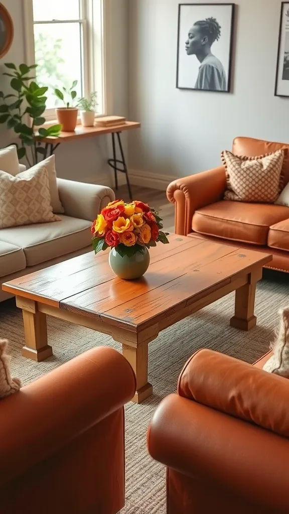 A rustic orange coffee table in a cozy living room setting.