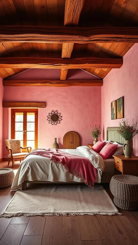 A rustic pink themed bedroom with wooden beams and cozy furnishings.