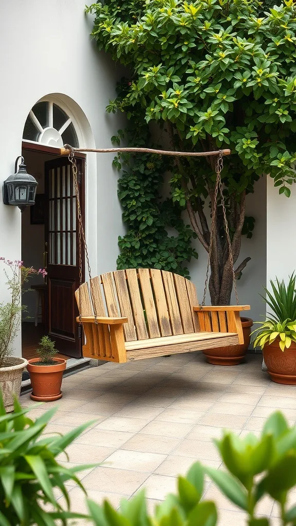 A rustic wooden swing chair hangs in a patio nook surrounded by greenery and potted plants.