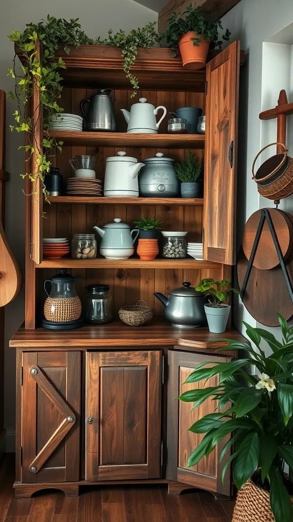 A rustic wooden corner cabinet filled with kitchenware and plants.