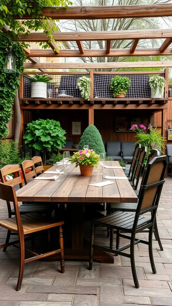 A rustic wooden dining table surrounded by various chairs in an outdoor patio setting, adorned with plants and flowers.