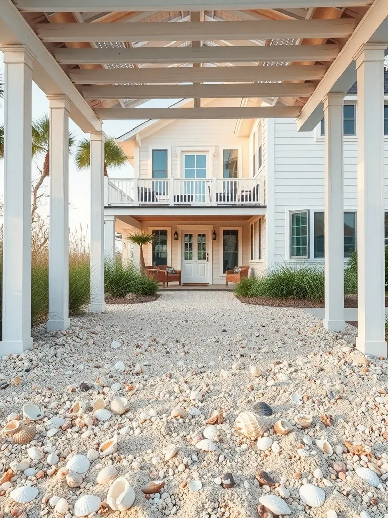 A sandy walkway adorned with seashells leading to a coastal home.