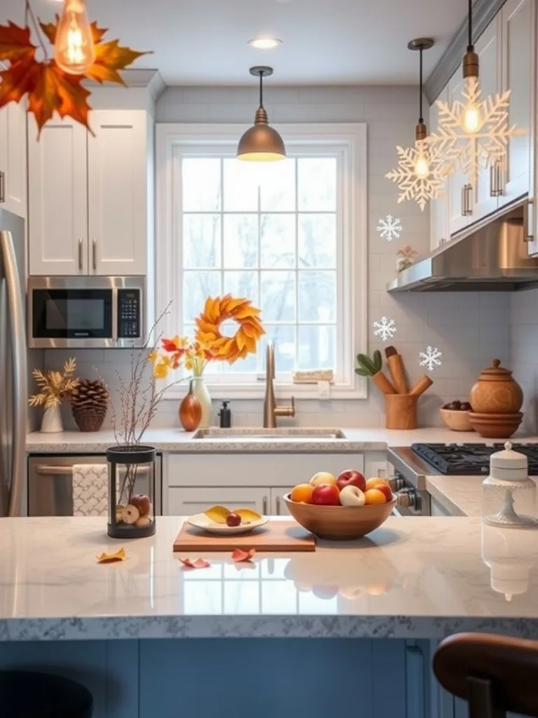 A cozy kitchen decorated for autumn with leaves and snowflakes