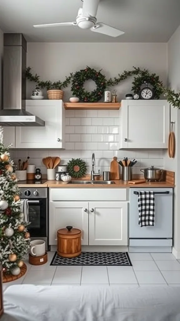 A beautifully decorated black and white kitchen with holiday decor, featuring wreaths and a Christmas tree.